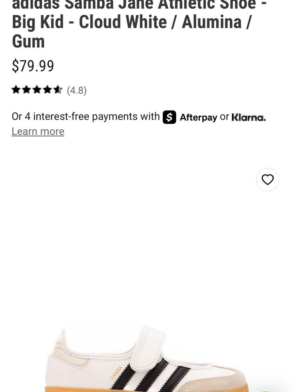 adidas Kids Samba Jane J Mary Jane Sneakers - White/Tan/Black - Picture 5 of 5